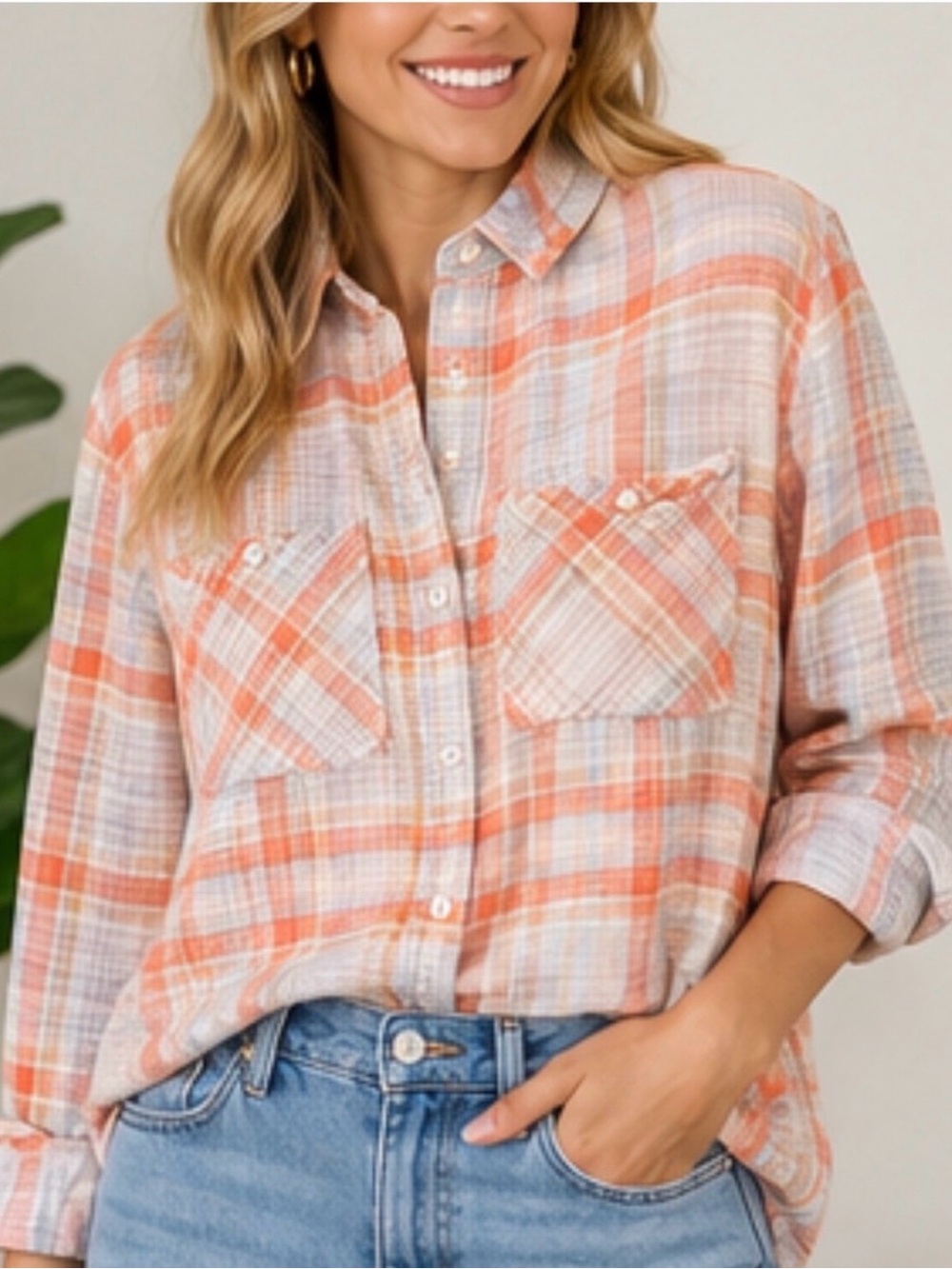 Sanctuary Orange and Cream Plaid Button-Down Shirt
